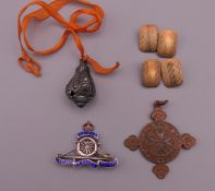 A pair of silver cufflinks, a military cap badge, a St Johns Ambulance pendant, etc.