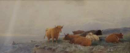 TOM ROWDEN, Highland Cattle with Sea Beyond, watercolour, signed, framed and glazed. 51.5 x 22 cm.