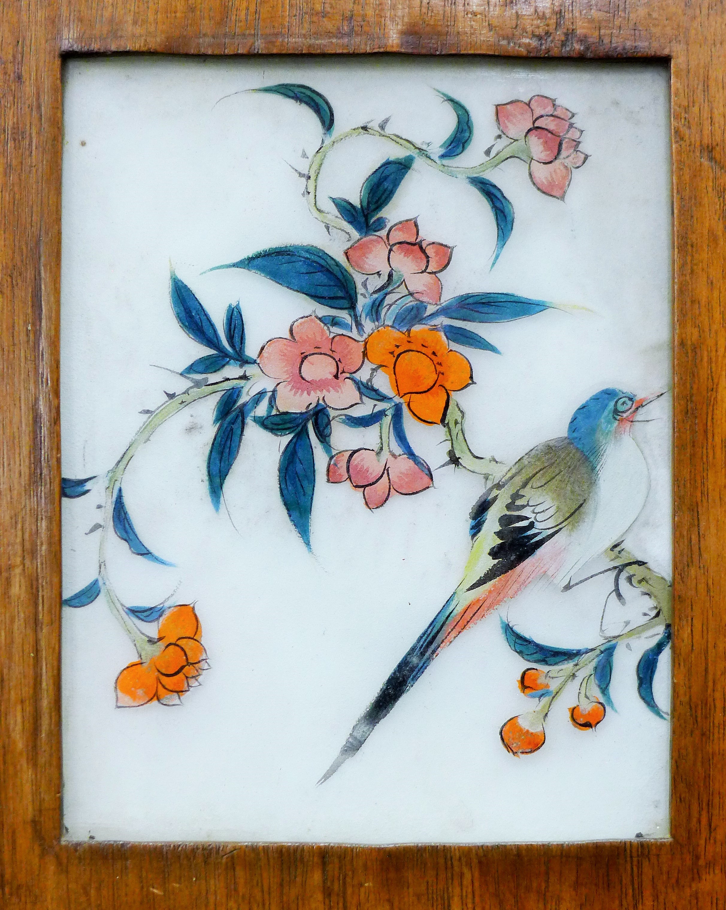 A pair of Chinese hardwood and reverse painted glass panels. Each 26.5 x 88 cm. - Image 5 of 8