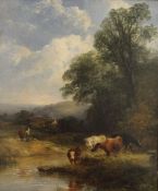 GEORGE COLE (1810-1883), Landscape with Cattle, oil on board, signed and inscribed to verso, framed.