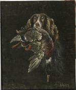 Spaniel with Duck, oil on velvet over board, signed CARLIER, unframed. 55 x 65 cm.