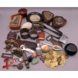 A quantity of miscellaneous items, including a silver napkin ring, badges, ink pen nibs, a yo-yo,