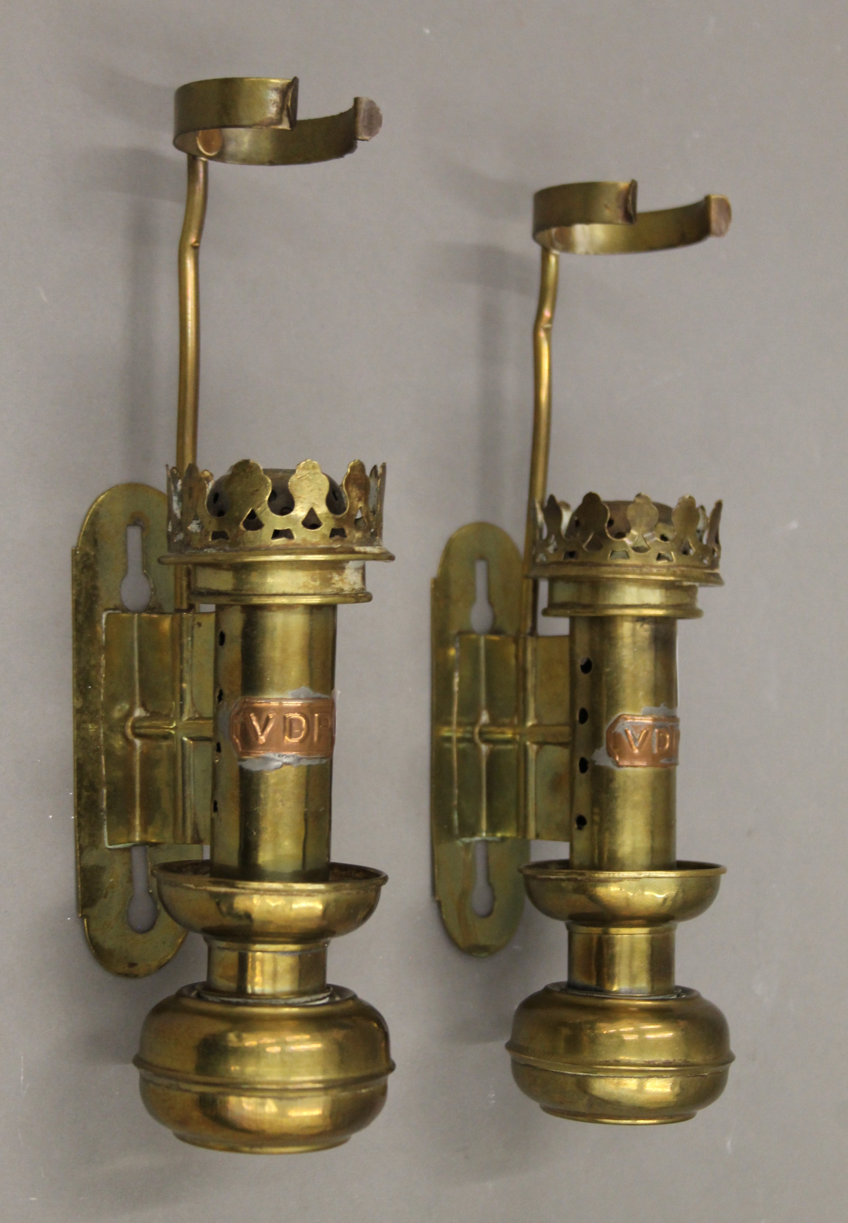 A pair of brass railway coach lamps, each with copper plaque inscribed VDP. Each 42 cm high overall. - Image 2 of 3