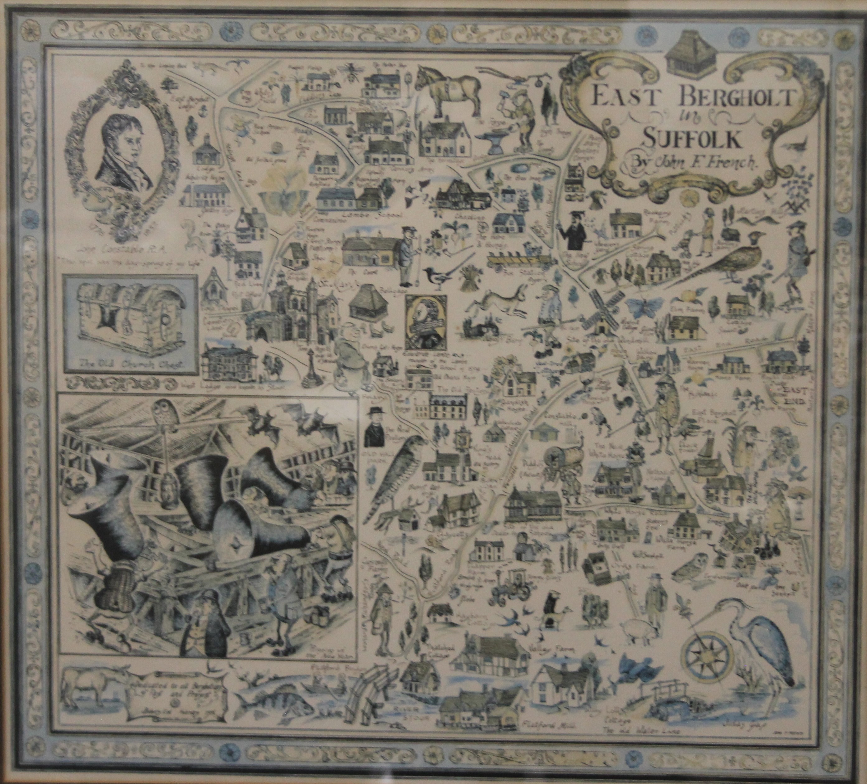 An East Bergholt Suffolk map by John French, framed and glazed. 47.5 x 43.5 cm.