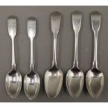Three Fiddle Pattern teaspoons by London maker William Bateman and two others. 74.6 grammes.