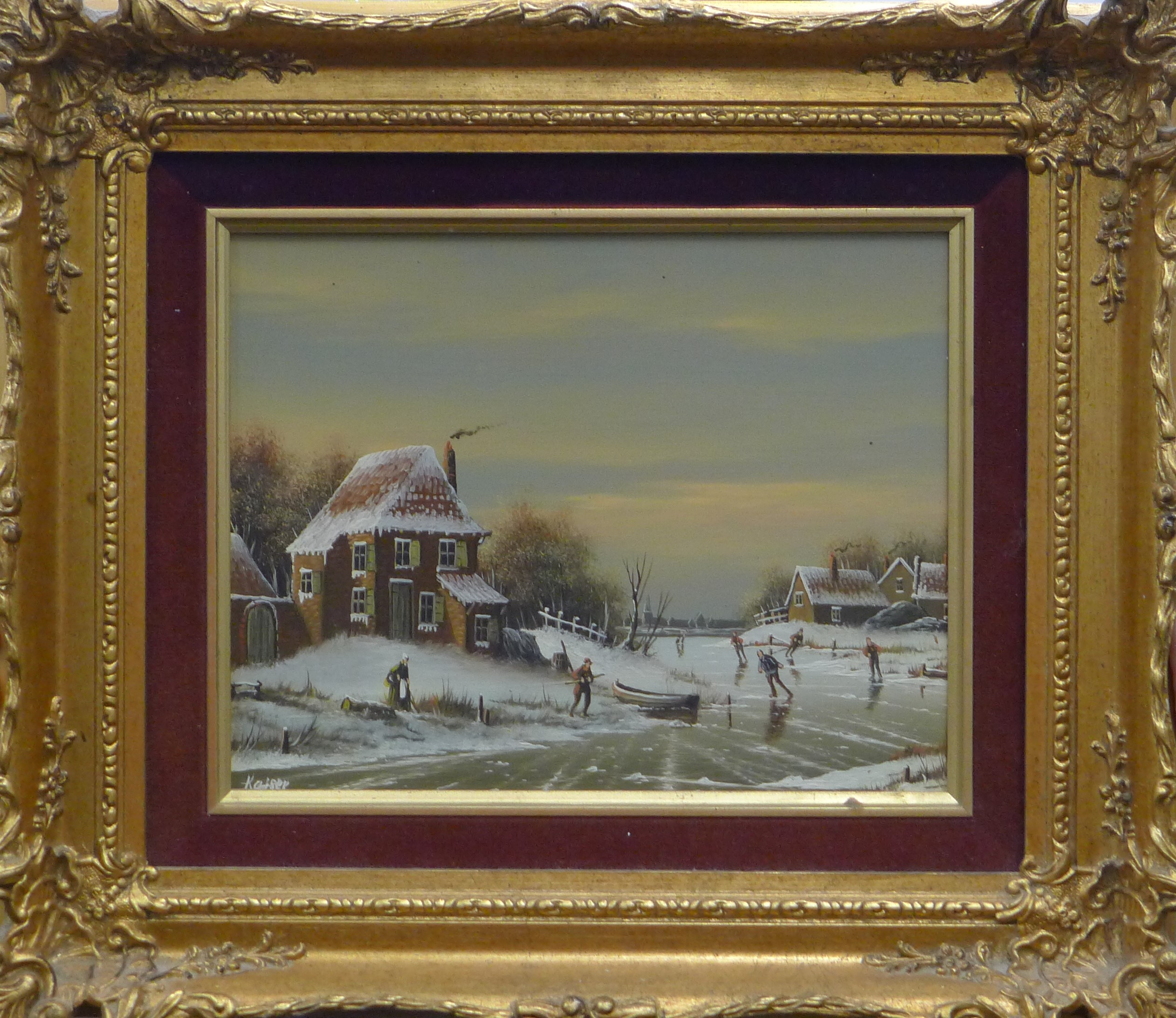 DUTCH SCHOOL, Winter Landscapes, a pair of oils on board, signed Kaiser, framed. 23.5 x 18.5 cm. - Image 5 of 6