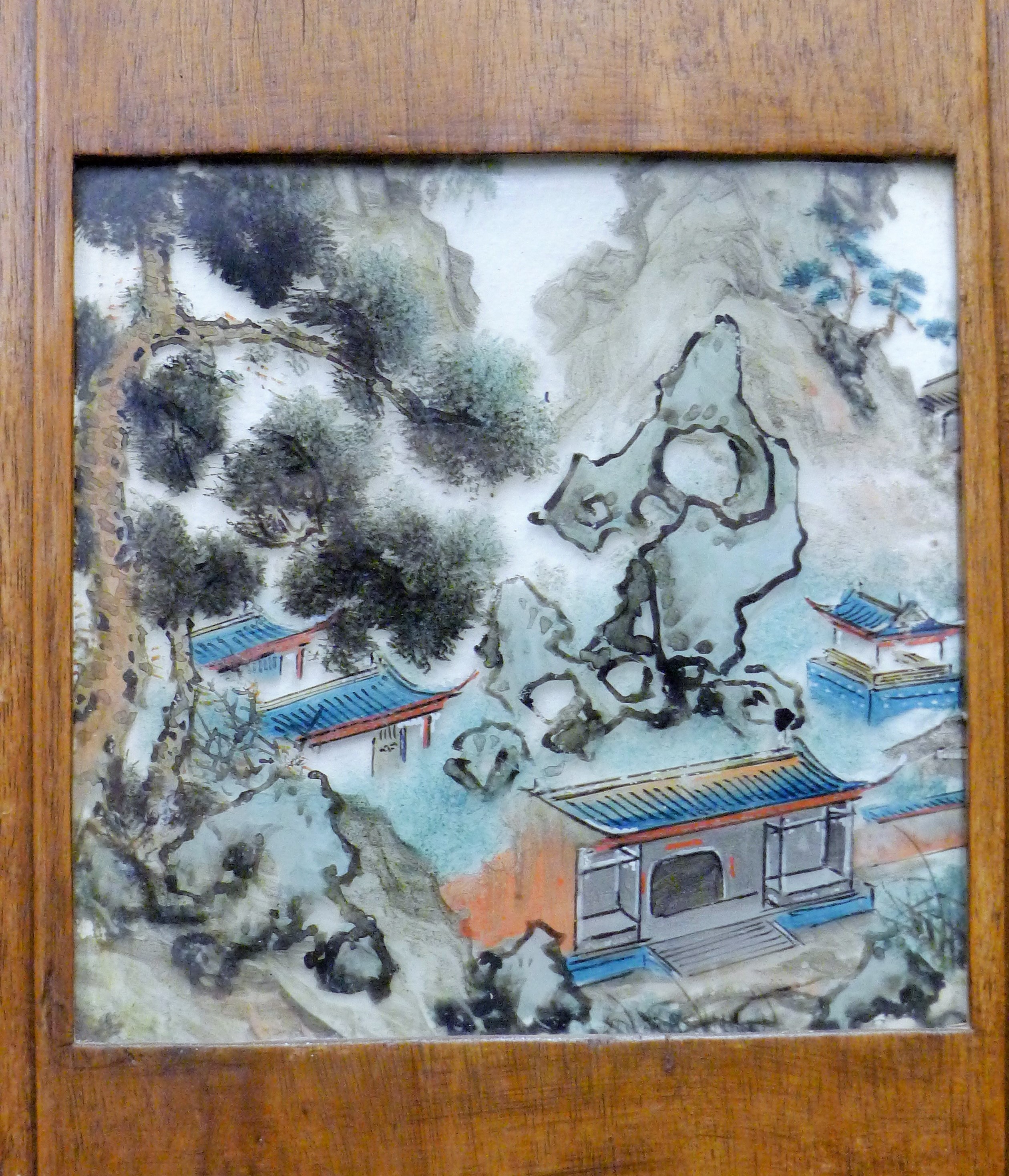 A pair of Chinese hardwood and reverse painted glass panels. Each 26.5 x 88 cm. - Image 7 of 8
