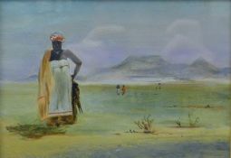 THOMAS BAINES (1820-1875) British, ''Native Woman with Crested Pheasant with Table Mountain beyond,