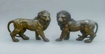 A pair of bronze models of lions. 31 cm long.