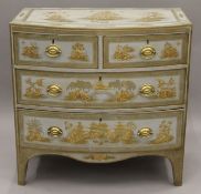 A 19th century bow front chest of drawers with grey and gilt Japanned lacquer. 87.5 cm wide.