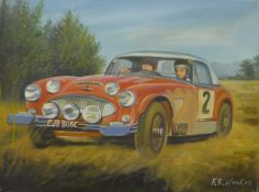 A 1965 Austin Heeley Works Rally Car, oil on canvas, signed F R Weekes, unframed. 40.5 x 30.5 cm.