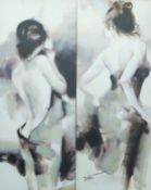 A pair of oleographs of Scantily Clad Ladies, unframed. 40 x 100.5 cm.