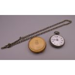 A silver fob watch and a plated chain. Watch 4 cm diameter.