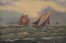 Sailing Boats at Sea, oil on canvas, unsigned, framed. 91 x 59 cm.