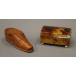 A Victorian tortoiseshell box and a treen snuff shoe. The former 6 cm wide.