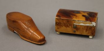 A Victorian tortoiseshell box and a treen snuff shoe. The former 6 cm wide.