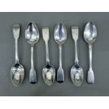 Six early/mid-19th century Fiddle pattern silver teaspoons by London makers. 113.6 grammes.