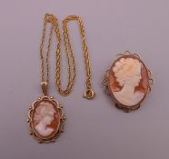 A 9 ct gold necklace with cameo pendant, together with a 9 ct gold mounted cameo brooch.