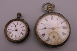 A silver pocket watch and a silver fob watch. The former 4.5 cm diameter.