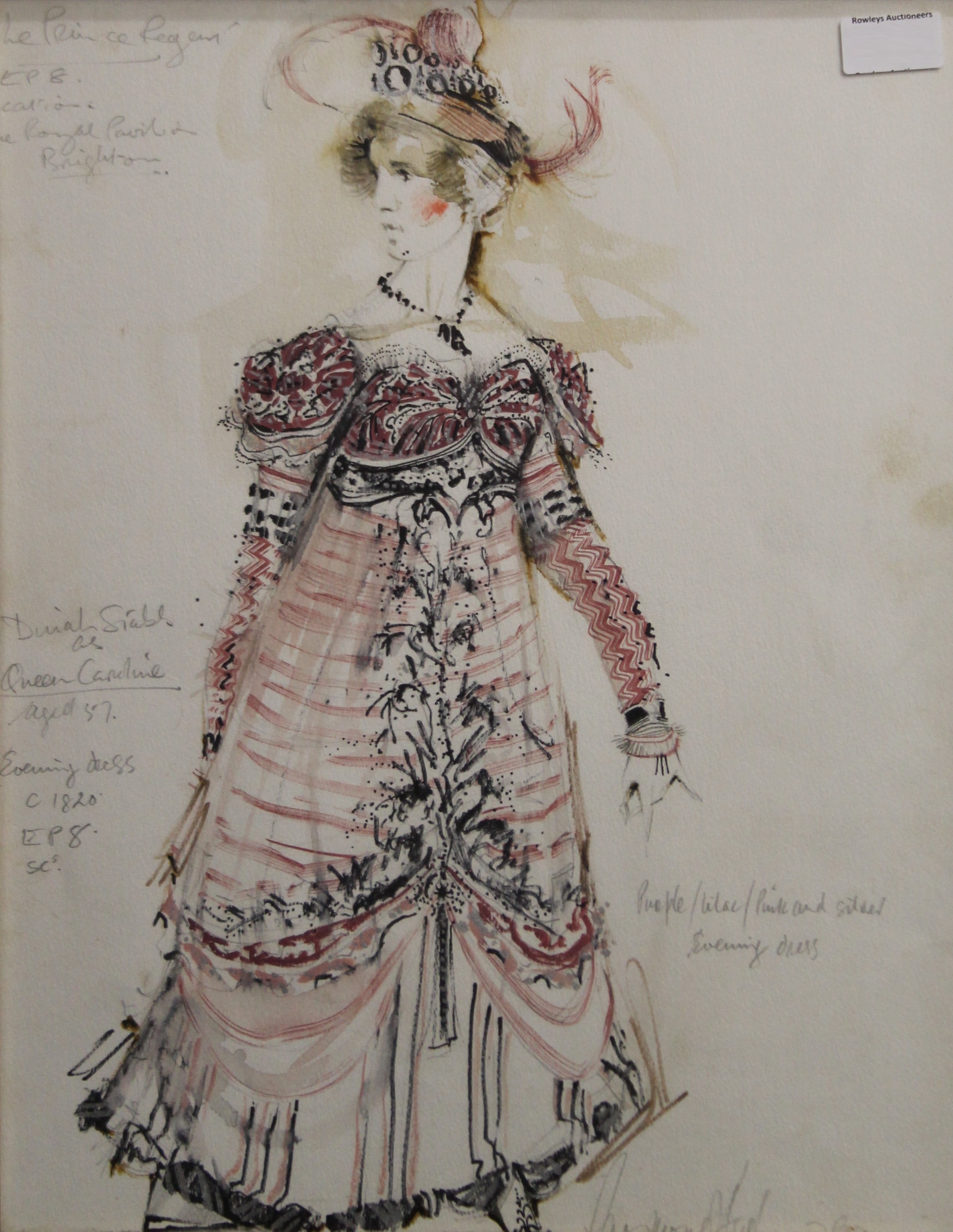 A Theatre Costume Design watercolour, with annotations for 'The Prince Regent, The Royal Pavilion,
