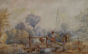 H BROOKE, Children Playing by River, watercolour, signed and dated 1873, framed and glazed. 37.