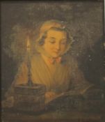 19TH CENTURY SCHOOL, A Young Girl Reading by Candle Light, oil on panel, framed. 29 x 34 cm.