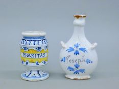 A late 18th century Continental pottery guglet inscribed Joseph and a pottery drug jar inscribed