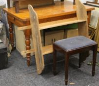 A pine table, a pine shelf and a stool.