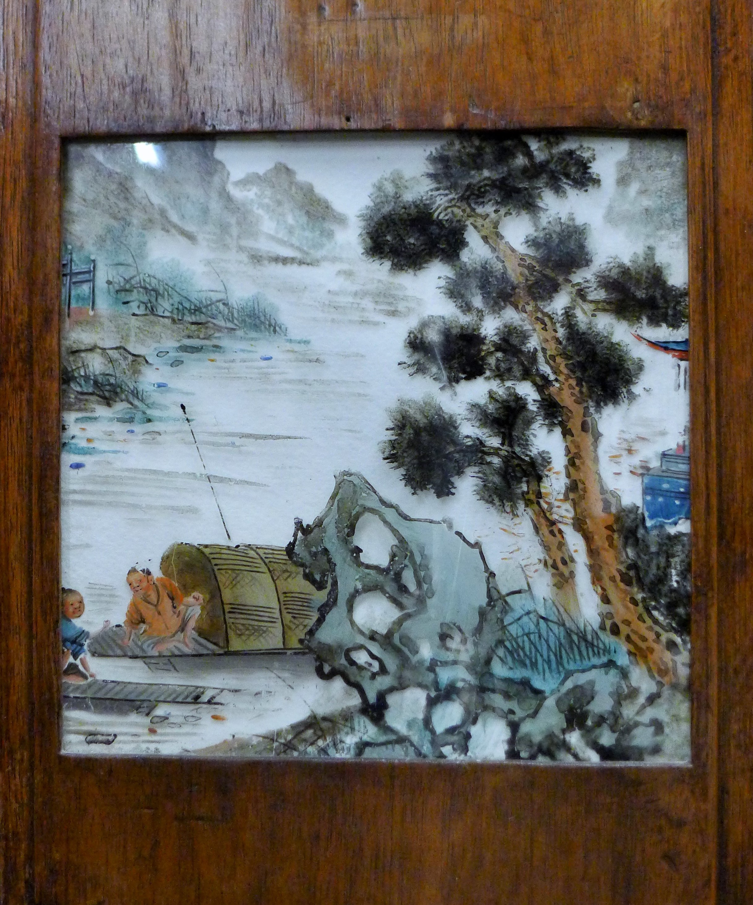 A pair of Chinese hardwood and reverse painted glass panels. Each 26.5 x 88 cm. - Image 4 of 8