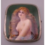 A sterling silver and enamel cigarette case decorated with a nude girl. 8.5 cm wide.