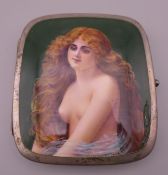 A sterling silver and enamel cigarette case decorated with a nude girl. 8.5 cm wide.