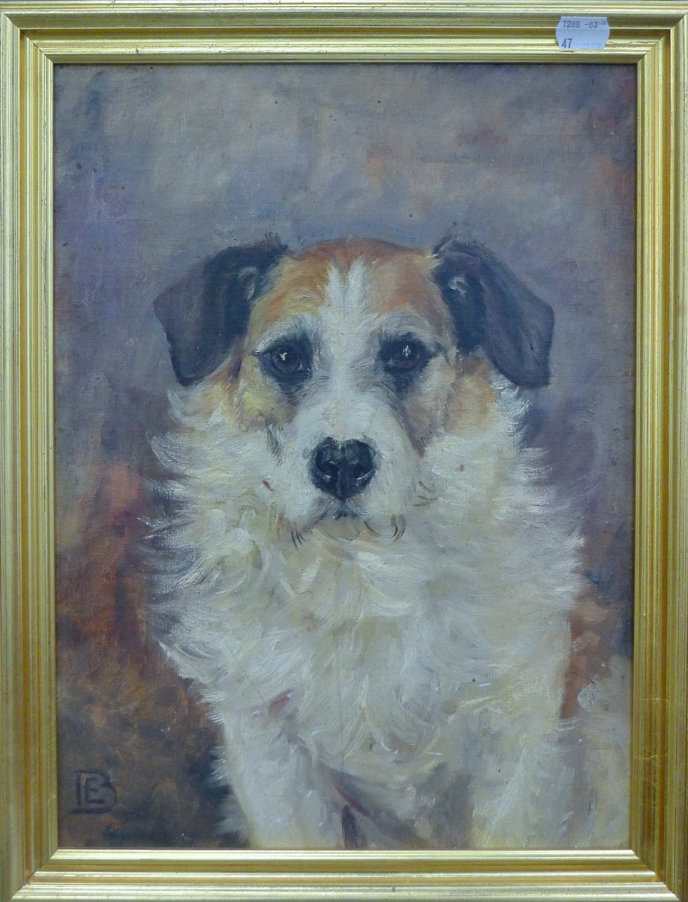 Seated Terrier, oil on board, initialled E.B, framed. 28 x 38.5 cm. - Image 2 of 3