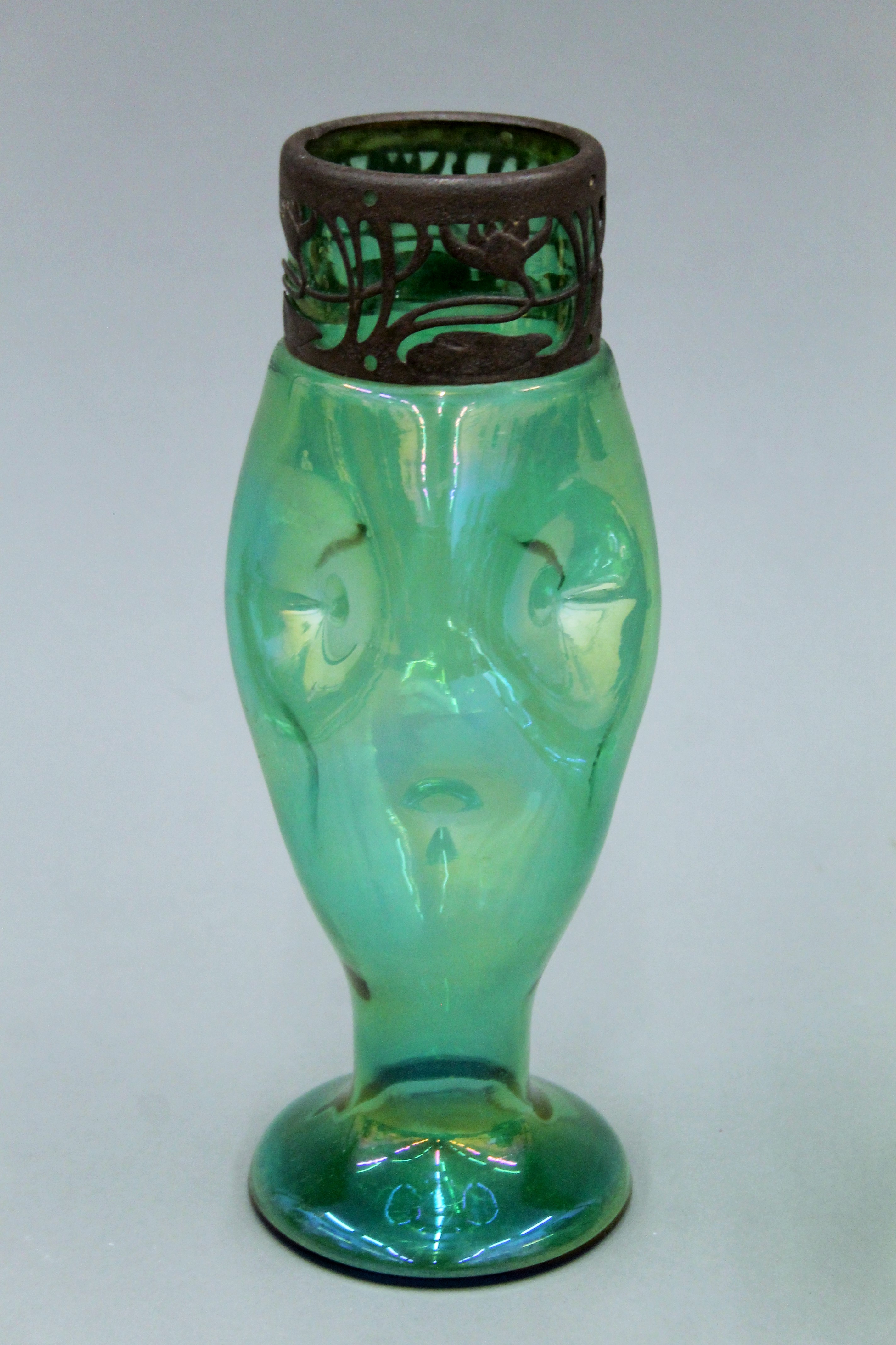 Two metal rimmed Art Nouveau green glass vases. The largest 24 cm high. - Image 4 of 5