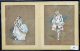 Two pairs of 19th century watercolours of figures in early period costume, indistinctly signed,
