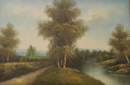 20TH CENTURY SCHOOL, River Scene, oil on canvas, signed INNESS, framed. 90 x 59.5 cm.