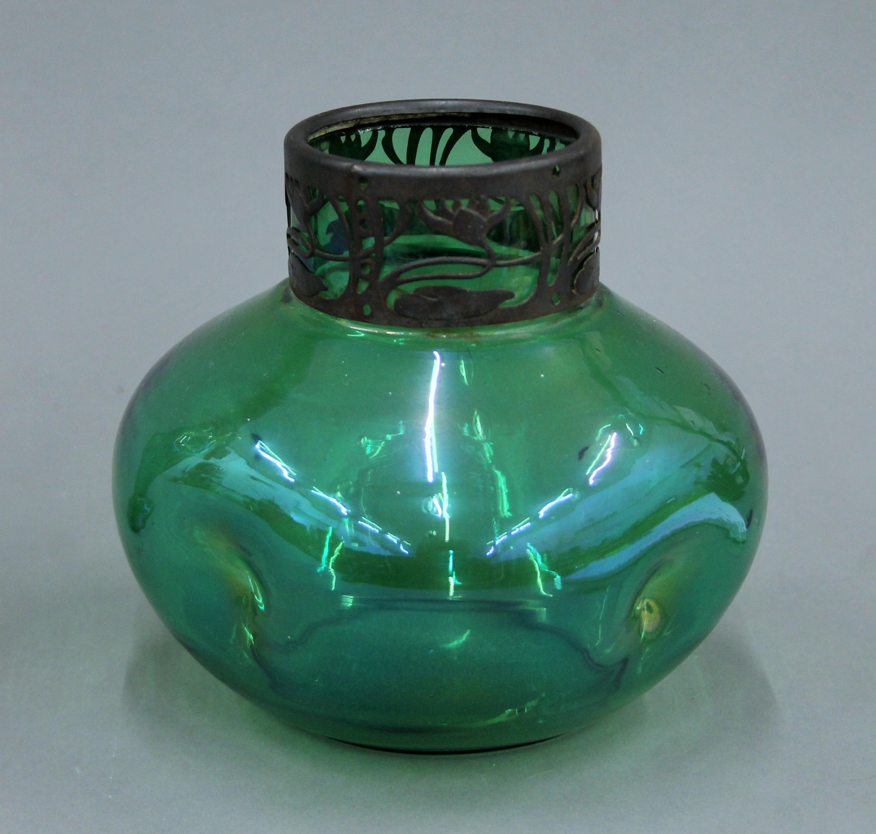 Two metal rimmed Art Nouveau green glass vases. The largest 24 cm high. - Image 2 of 5