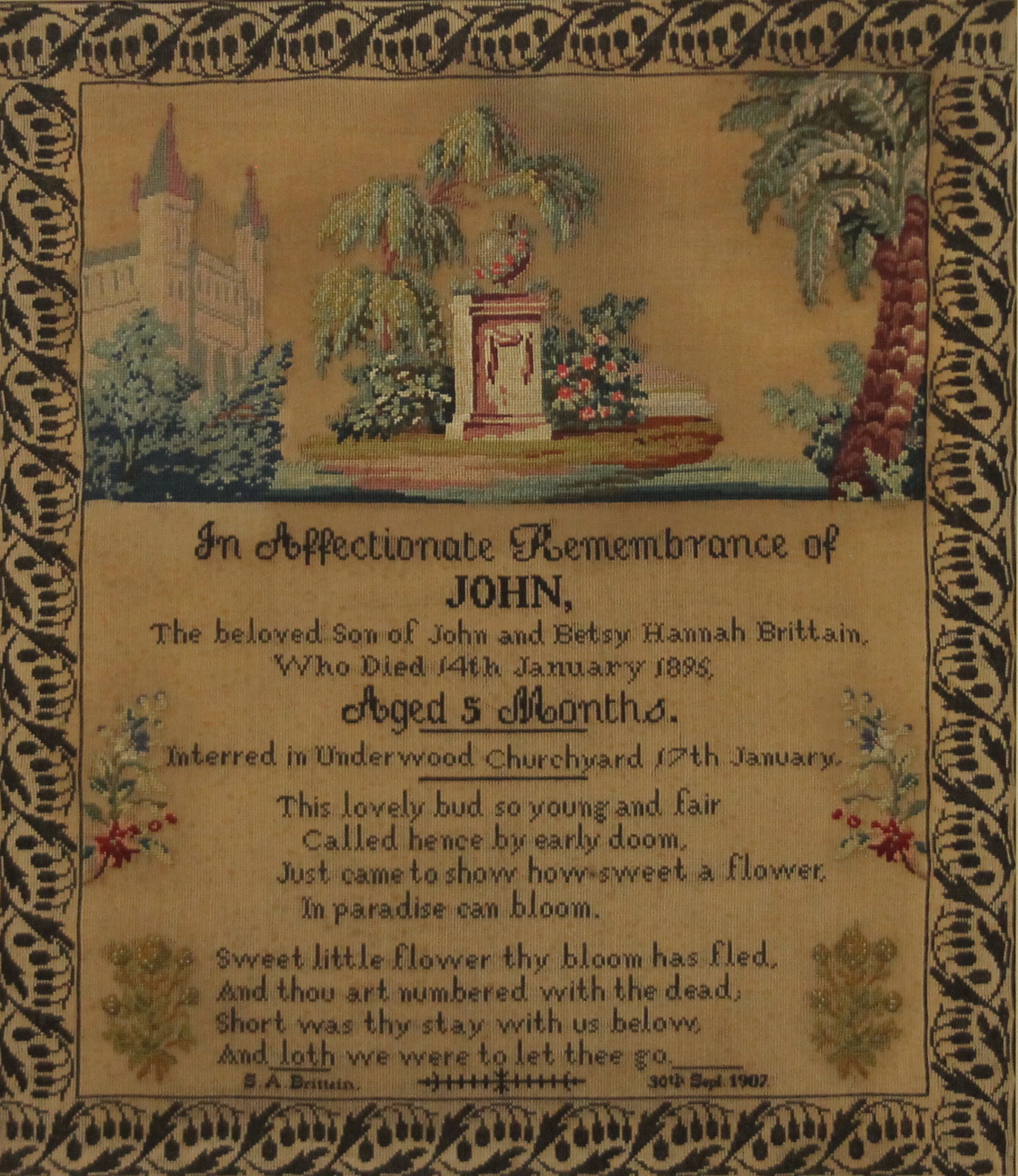 An early 20th century needlework of Remembrance, framed. 64 x 74 cm.