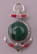 A silver and malachite anchor form brooch. 4.5 cm high.