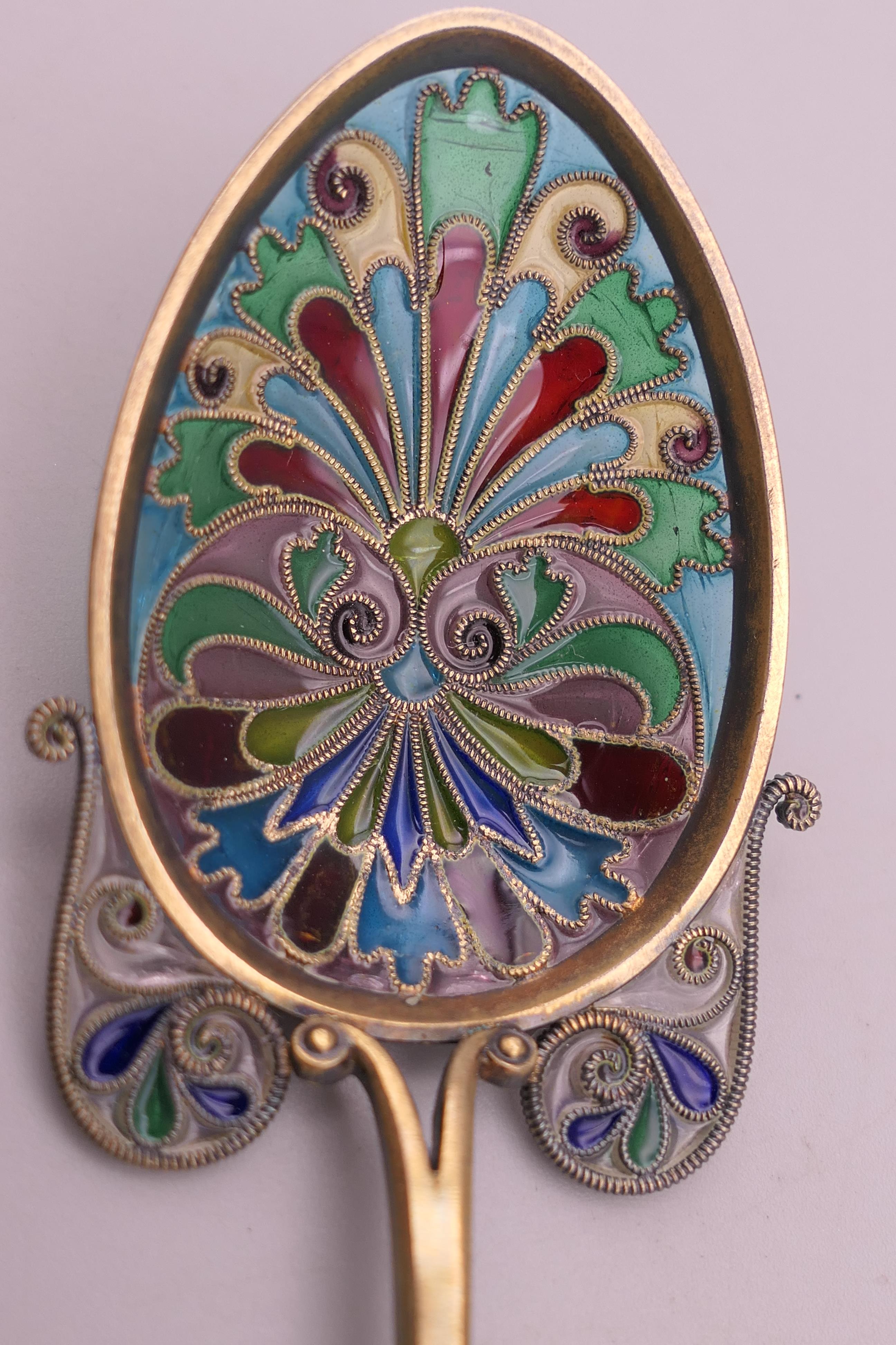 An unmarked silver filigree plique a jour spoon. 14 cm long. - Image 2 of 4
