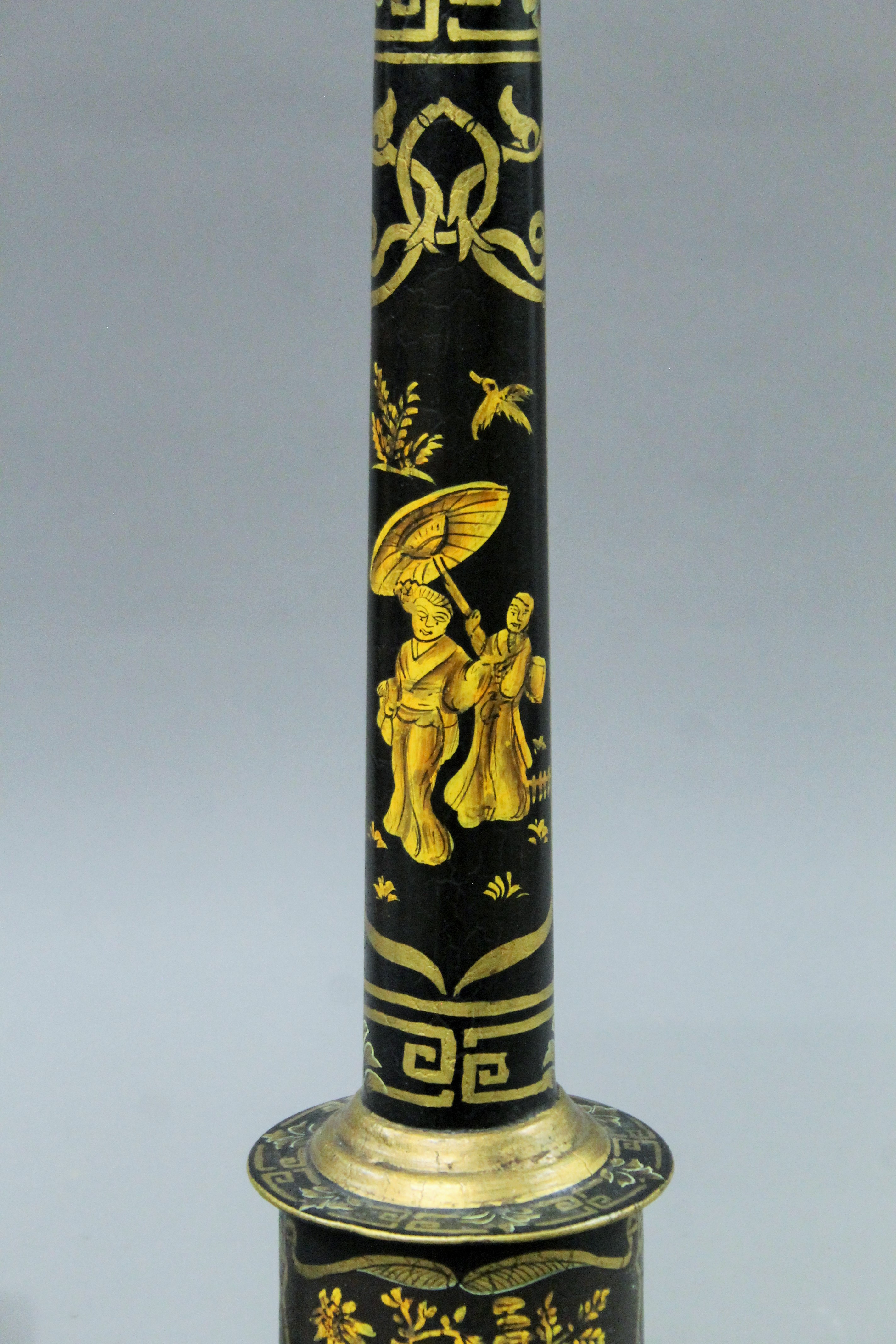 A black toleware column lamp. 61 cm high. - Image 2 of 4