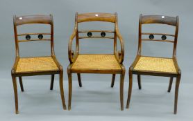 Three 19th century cane seated chairs, including one with arms. 53 cm wide.