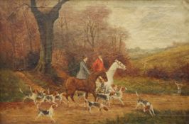 A pair of Hunting Scenes, oils on canvas, indistinctly signed, each framed. 59.5 x 40 cm.
