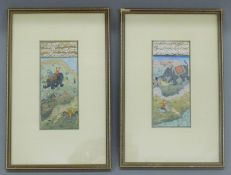 Two Indian Moghul miniature paintings, each framed and glazed. Each 7 x 16 cm.