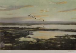PETER SCOTT, Geese Over Water, print, signed, framed and glazed. 68 x 51 cm overall.