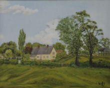 L REILLY, Farmstead, oil on canvas, framed. 49.5 x 39.5 cm.