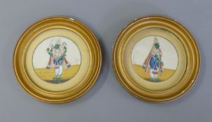 A pair of Indian round miniatures, framed and glazed. 21 cm diameter.