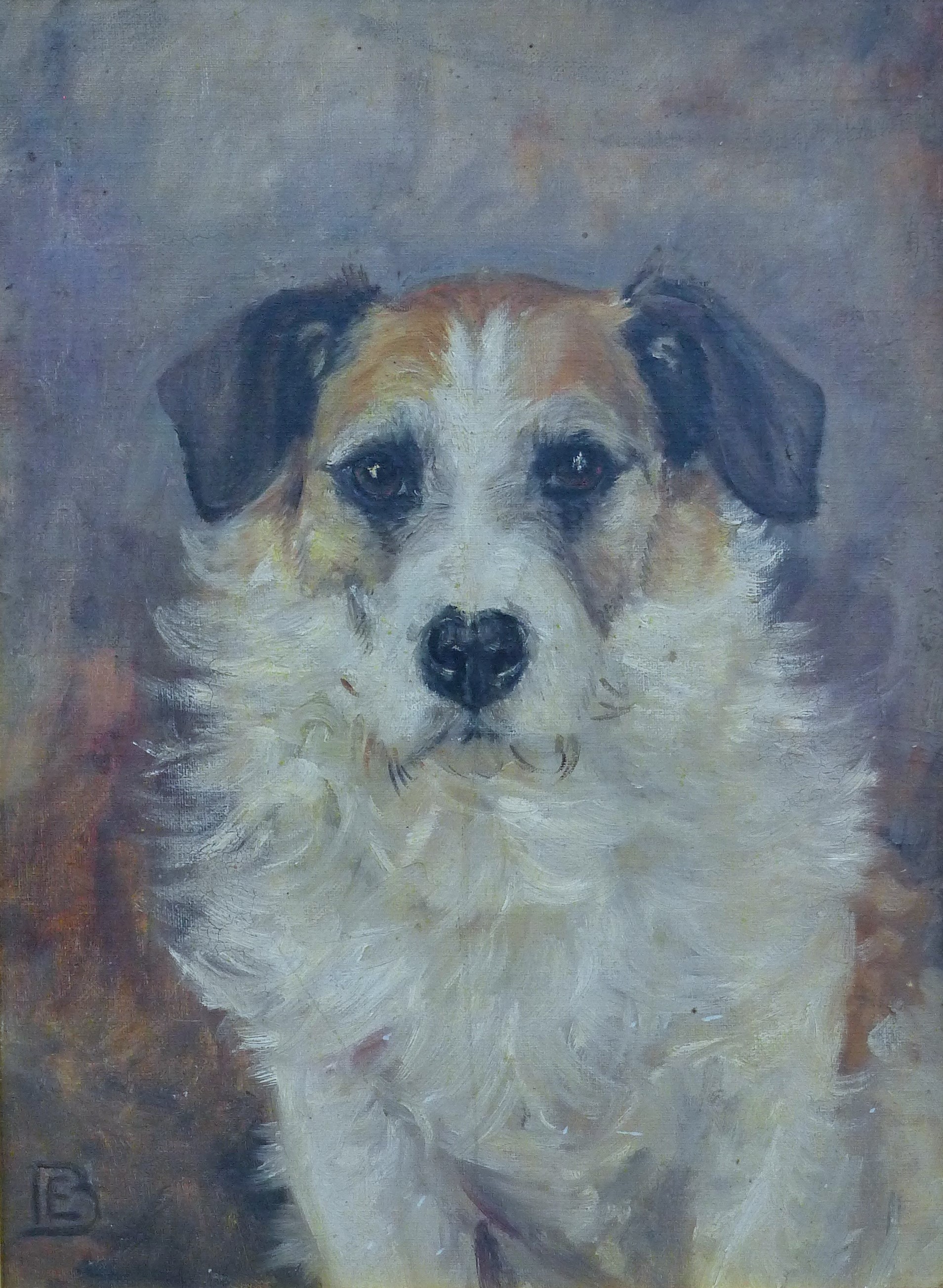 Seated Terrier, oil on board, initialled E.B, framed. 28 x 38.5 cm.