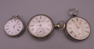 Two silver pocket watches and a plated pocket watch.