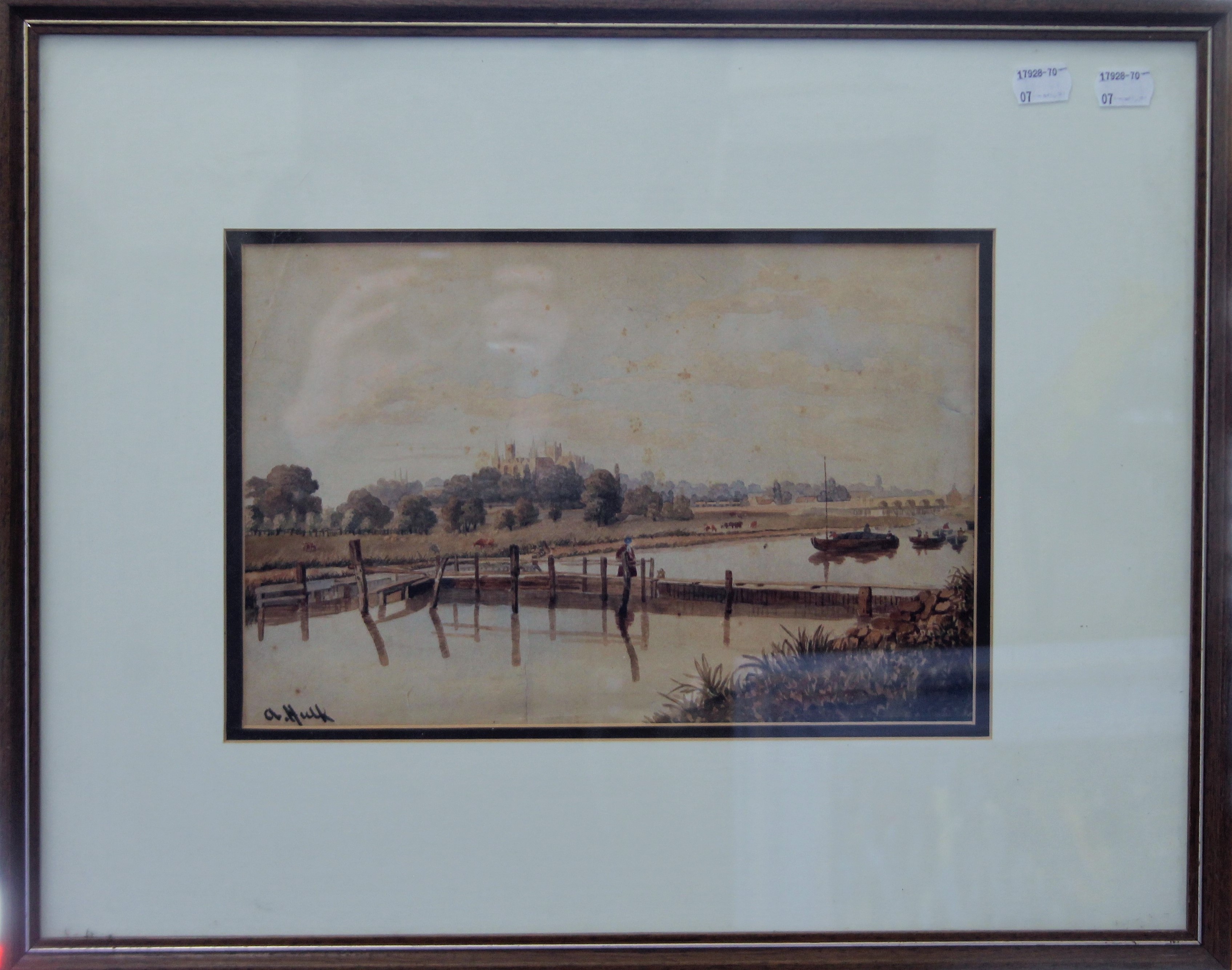 A HULK JUNIOR, River Landscape with a Cathedral in the Distance, watercolour, framed and glazed. 31. - Image 2 of 4