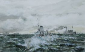 A watercolour of Battleships, signed Edward Payne, framed and glazed. 41.5 x 26 cm.